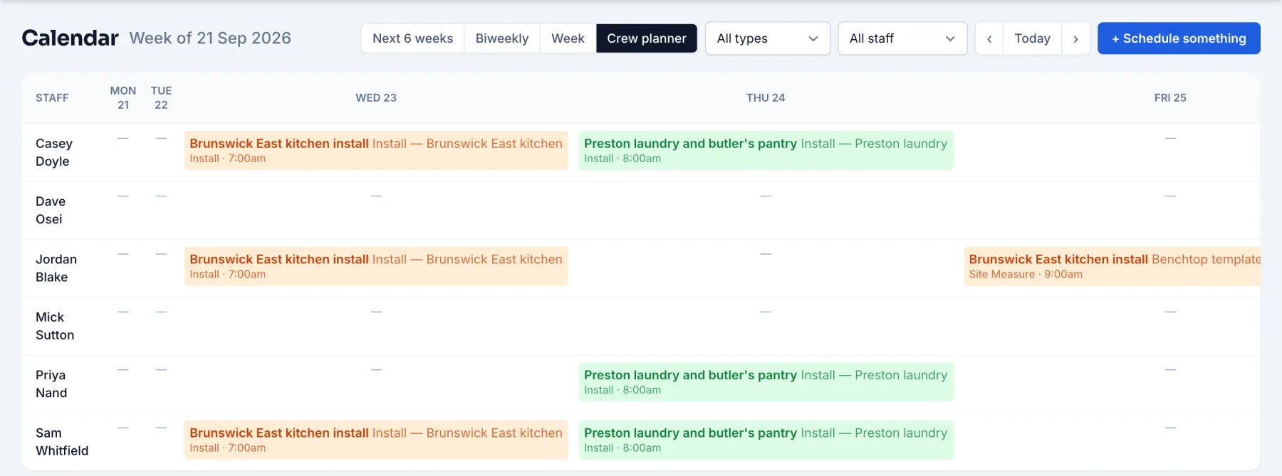 The crew planner: one row per person and one column per day, with the Brunswick East install booked for Casey, Jordan and Sam