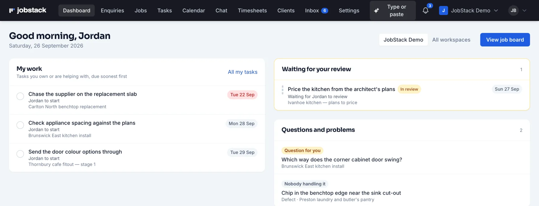 The JobStack dashboard: tasks due, a costing waiting for review, questions from site, and today's and tomorrow's bookings