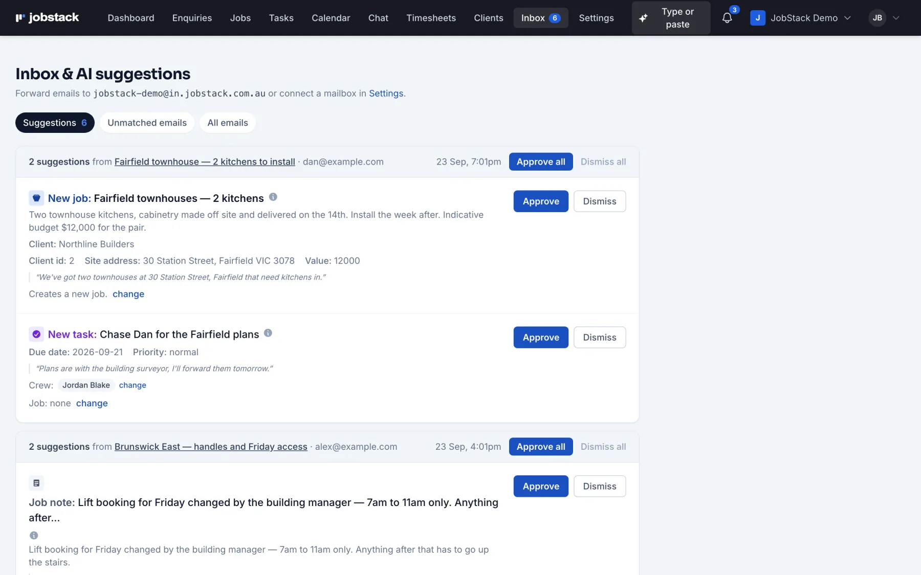 The inbox showing AI suggestions from two emails: a new job for two townhouse kitchens and a new task, each with Approve and Dismiss