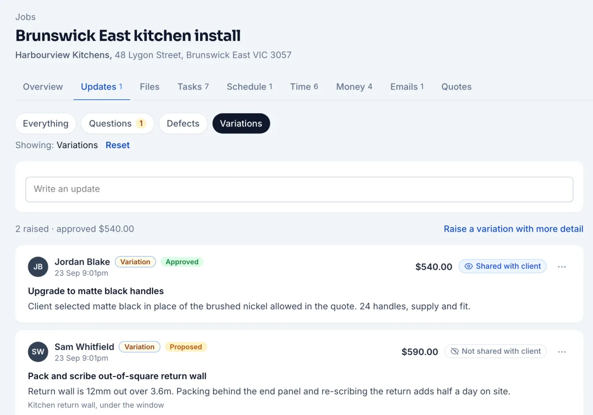 Two variations on the Brunswick East job: an approved handle upgrade shared with the client, and a proposed return-wall fix raised from site, not yet shared with the client
