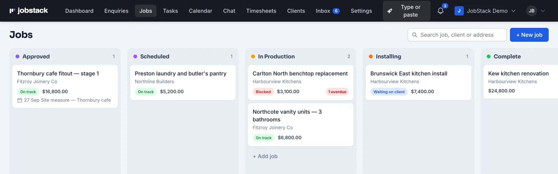 The Jobs board with Approved, Scheduled, In Production, Installing and Complete columns: most jobs on track, one waiting on the client, and one blocked with an overdue task