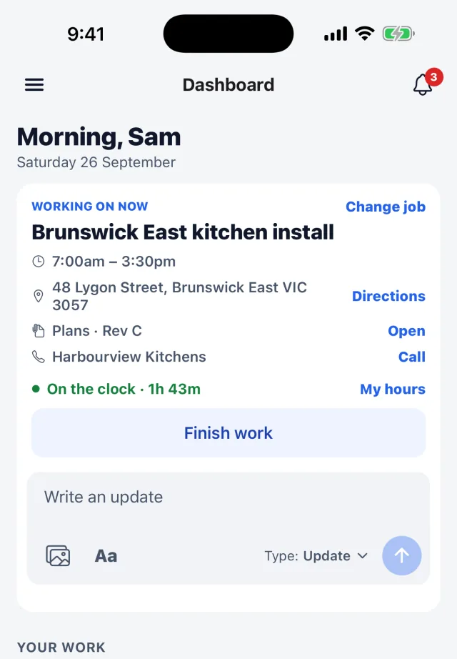 The JobStack phone app's Today screen: the job Sam is working on, its hours so far, the issued plans at Rev C, and a box for sending an update