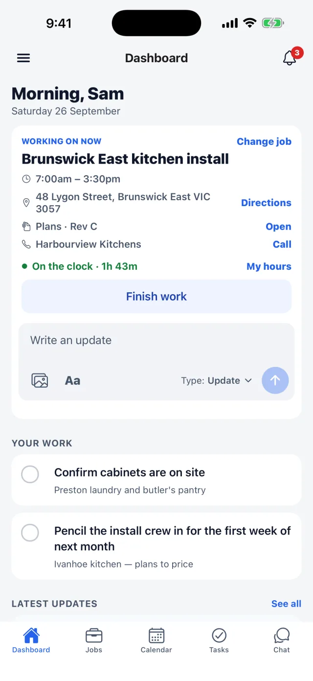 The Today screen: the job Sam is working on, directions, the issued plans at Rev C, hours so far, and his tasks