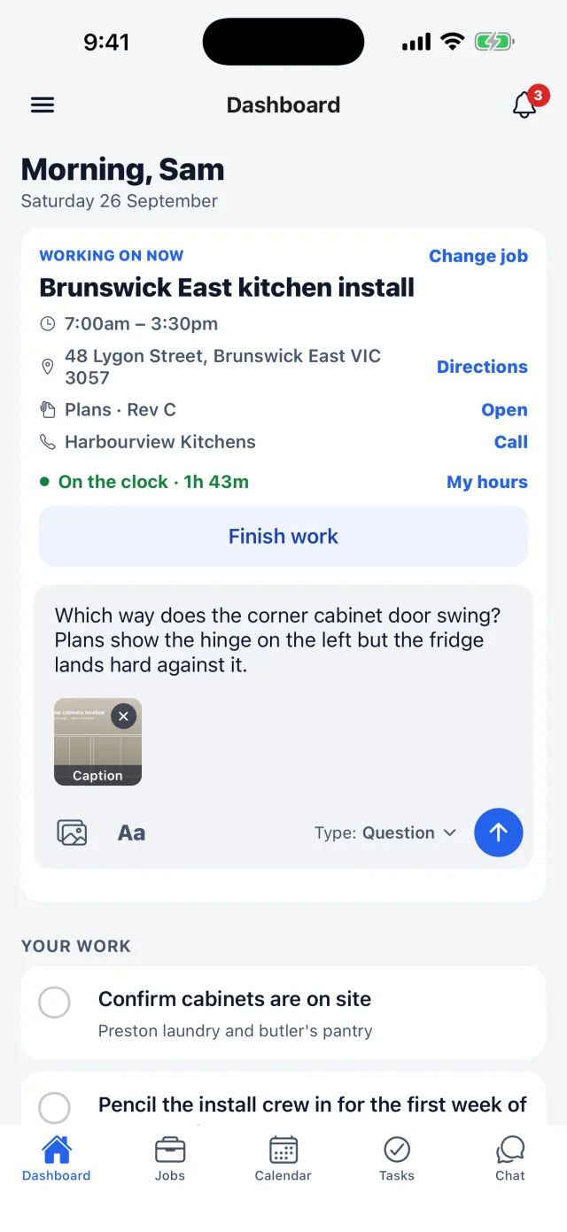 A question being sent from the job with a photo attached: which way does the corner cabinet door swing?