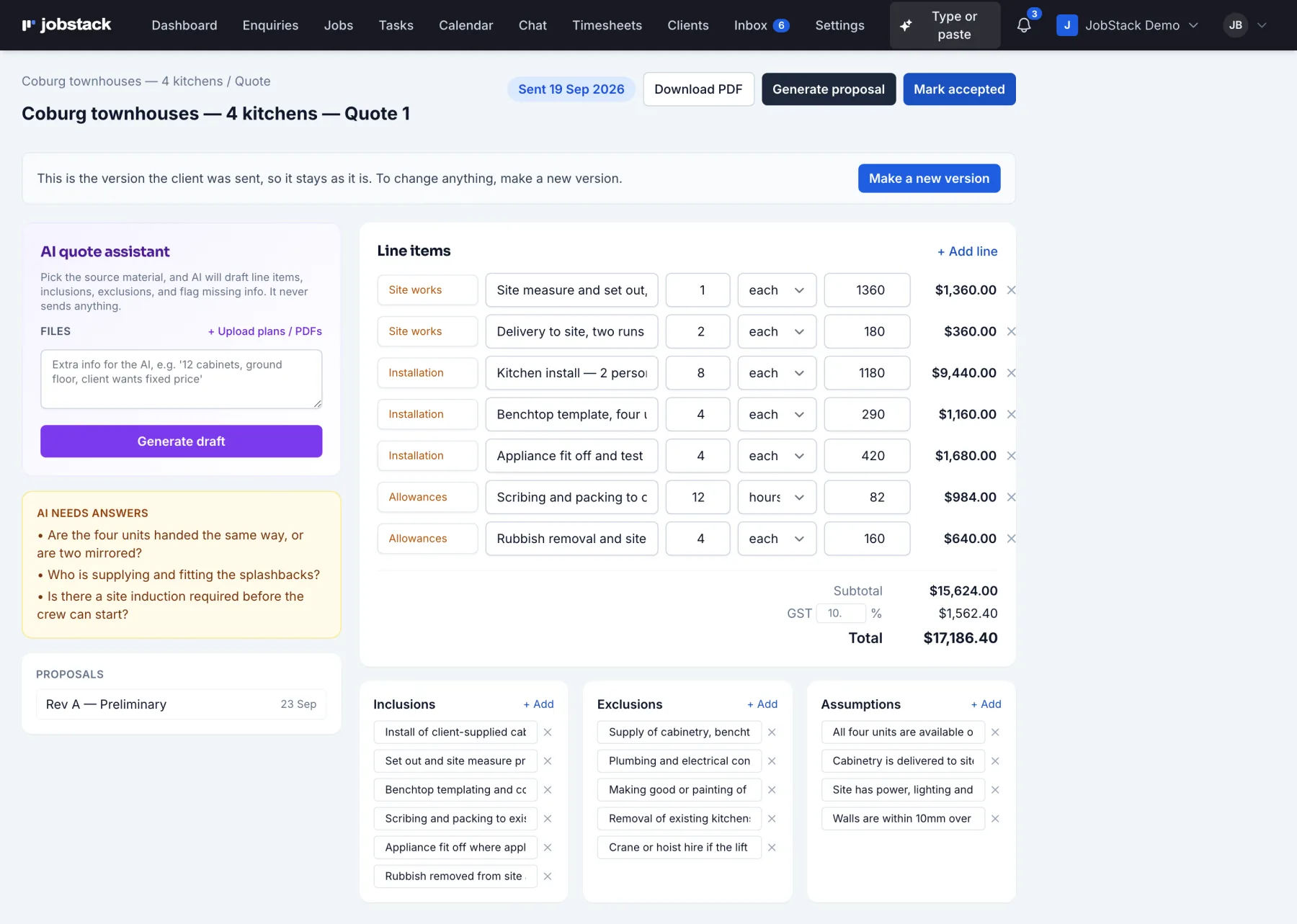 The quote builder with line items, GST, inclusions, exclusions, assumptions, and questions the AI needs answered